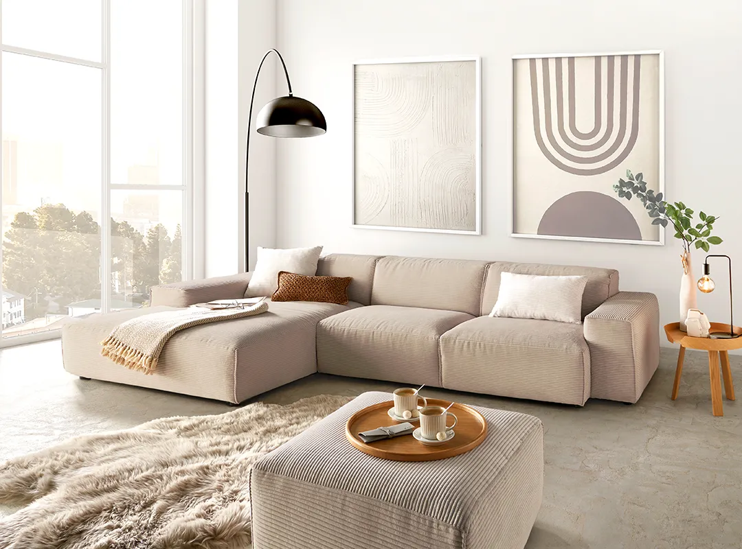 Ecksofa, Cordstoff, Beige, Ottomane, Modular, Sofa, Sofa-Sektionalsystem, Beige, Wohnzimmerdeko, Wohnzimmer, Moebel, Inneneinrichtung, Couch, Wohnzimmer, Tabelle, 