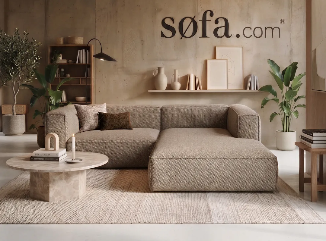 Ecksofa, Chaiselongue, Beiger Stoff, Strukturgewebe, Moderne Form, Ecksofa, Ottomane rechts, Beiger Stoff, Strukturgewebe, Modulares Sofa, 