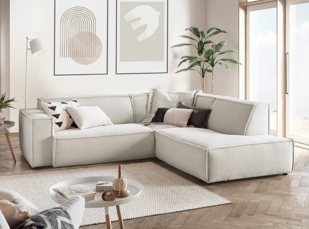 Ecksofa, Cordstoff, Cremeweiß, Ottomane, Modular, sofa, sectional, beige, Stoff, Wohnzimmer, Dekoration für Zuhause, Couch, Mobiliar, Wohnzimmer, Kissen, 