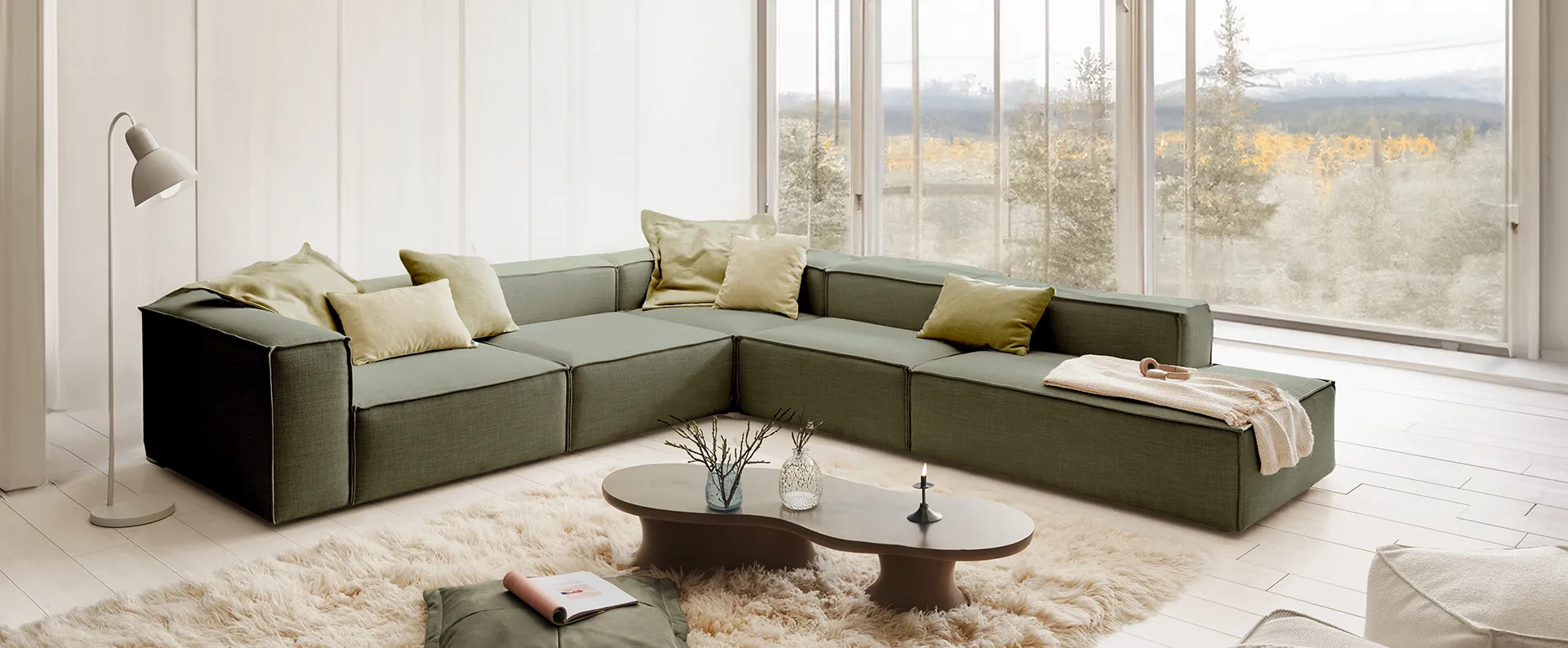 sofa, sectional, grün, Stoff, Wohnzimmer, 
