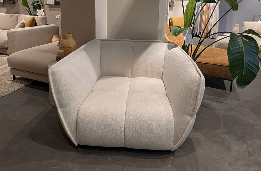 Sessel, Runder Sessel, Beige Creme, Polsterstuhl, Woll- oder Bouclé-Bezug, 