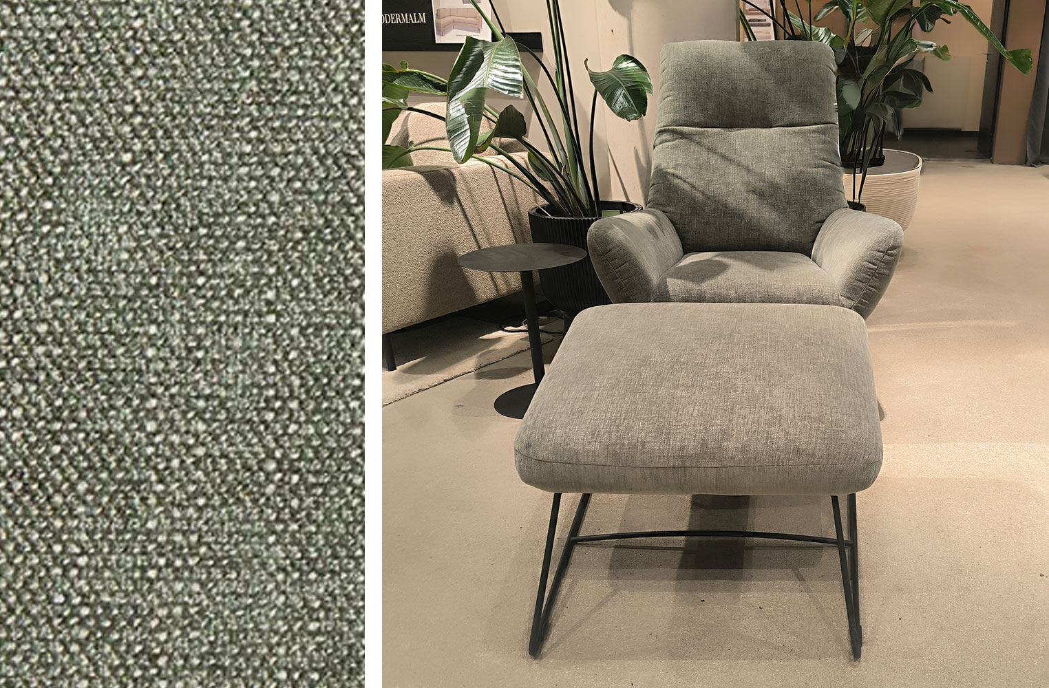 Sofa-Sessel, Armlehnstuhl, Fußhocker, grau Stoff, Metallbeine, 