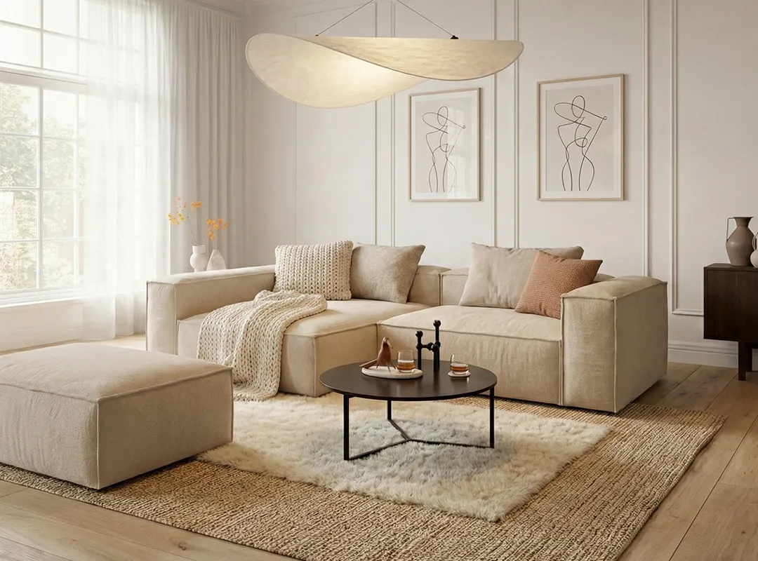 Ecksofa, Beiger Stoff, Modulares Sofa, Ottomane, wohnzimmer, sofa, bezug, tisch, teppich, Kaffeetisch, Tabelle, Couch, Dekoration für Zuhause, Wohnzimmer, 