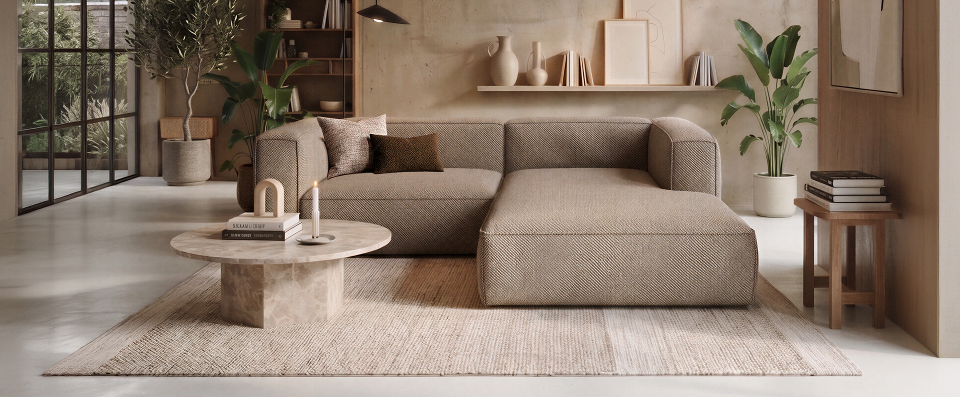 Ecksofa, Ottomane rechts, Strukturstoff, Taupe, Modulares Sofa, 