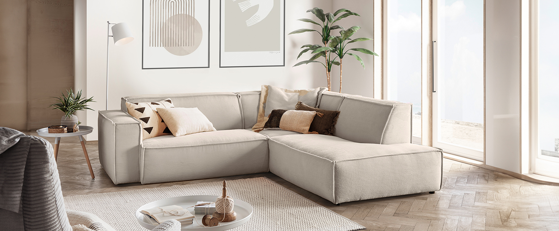 Sofa, Wohnlandschaft, Beige, Stoff, Kissen, Dekoration für Zuhause, Couch, Mobiliar, Kissen, Wohnzimmer, 